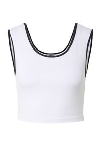 Débardeur court sans manches blanc avec bordure noire le long de l'encolure et des emmanchures, design uni sur fond blanc.