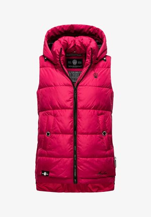 Crvena pufasta prsluk s kapuljačom, crni patentni zatvarač, prednji džepovi s dugmadima i kviltana tekstura. Sadrži logo na prsima.