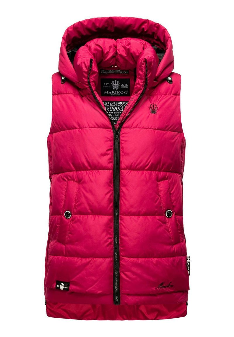 Red puffer vest with a hood, black zipper, front pockets with button closures, and quilted texture. Features logo on the chest.
