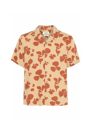Kurzarmhemd aus cremefarbenem Stoff mit großem, rotbraunem Blumendesign, mit Knopfleiste und klassischem Kragen.