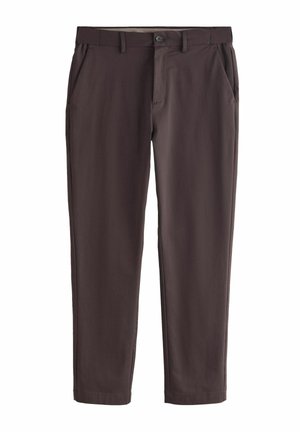 Dunkelbraune gerade geschnittene Hose mit Gürtelschlaufen, Knopfverschluss und Seitentaschen, flach auf weißem Hintergrund dargestellt.