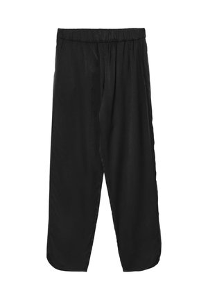 Pantaloni neri in cotone morbido e liscio, a vestibilità ampia, con vita elasticizzata e tasche laterali, caratterizzati da una gamba leggermente affusolata.