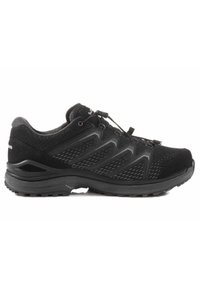Schwarze Netz-Laufschuhe mit einer strukturierten oberen Partie, verstärktem Zehenbereich und Schnürverschluss. Verfügt über eine robuste Sohle für Traktion und Stabilität.