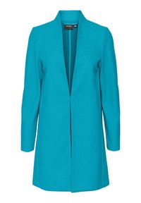 En tealfärgad kavaj med öppen framtill och långa ärmar, tillverkad av ett slätt tyg, med en minimalistisk design och utan synliga knäppningar.