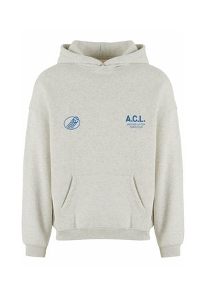 Hellgrauer Kapuzenpullover aus Baumwolle. Verfügt über eine Fronttasche, gerippte Bündchen und blaue Text- und Logoakzente auf der Brust und dem Ärmel.