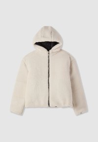 Giacca in pile color crema con cappuccio, dotata di zip frontale e fodera nera. Texture morbida con vestibilità comoda e senza motivi visibili.