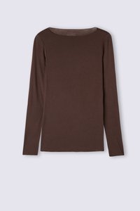 Brązowa koszula z długim rękawem o okrągłym dekolcie, wykonana z gładkiej tkaniny, rozłożona na płasko na jednolitym jasnym tle.