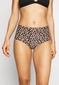 Høyt livhøyde undertøy med leopardmønster, med en beige base og svarte detaljer, laget av glatt stoff, som gir full dekning.