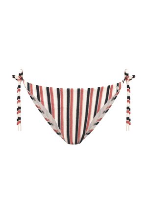 Gestreepte bikini onderkant in zachte stof, met horizontale strepen in rood, zwart en wit. Heeft striksluitingen aan de zijkanten met gevlochten accenten.