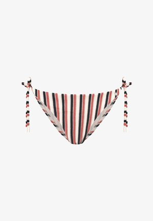 Gestreepte bikini onderkant in zachte stof, met horizontale strepen in rood, zwart en wit. Heeft striksluitingen aan de zijkanten met gevlochten accenten.