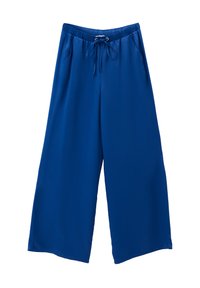 Blå vida byxor i mjukt tyg, med elastisk midja, snörning och sidofickor för bekvämlighet.