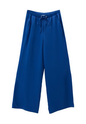 Modré široké kalhoty z hladkého materiálu, s elastickým pasem, šňůrkou na stáhnutí a bočními kapsami pro pohodlí.