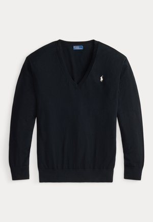 Musta pitkähihainen V-kaula-aukollinen neulepusero, jossa resorit hihansuissa ja helmassa sekä pieni valkoinen Polo Ralph Laurenin kirjailtu logo vasemmassa rinnassa.
