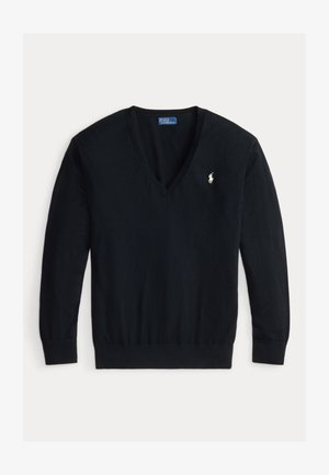 Musta pitkähihainen V-kaula-aukollinen neulepusero, jossa resorit hihansuissa ja helmassa sekä pieni valkoinen Polo Ralph Laurenin kirjailtu logo vasemmassa rinnassa.