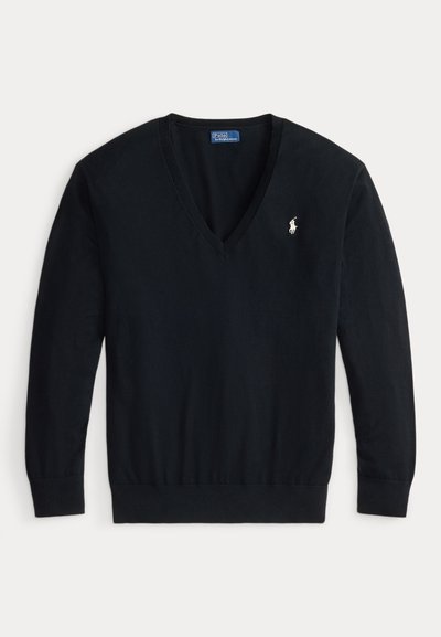 Black long-sleeve V-neck sweater with ribbed cuffs and hem, featuring a small white embroidered Polo Ralph Lauren logo on the left chest.