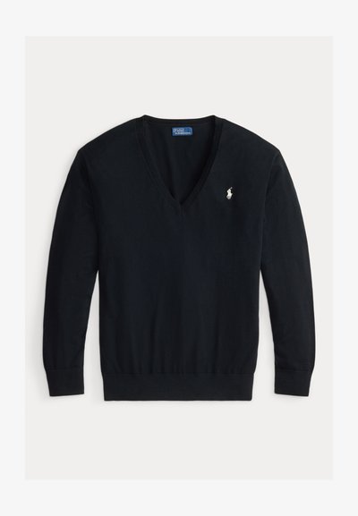Pull noir à manches longues encolure en V avec poignets et ourlet côtelés, avec un petit logo Polo Ralph Lauren blanc brodé sur le côté gauche de la poitrine.