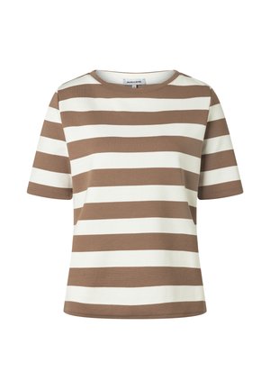 Short-sleeve t-shirt with wide horizontal beige and white stripes, round neckline, and a relaxed fit.