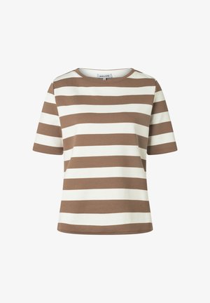 Short-sleeve t-shirt with wide horizontal beige and white stripes, round neckline, and a relaxed fit.