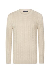 Cremfarbener Kabelstrickpullover mit langen Ärmeln, Rundhalsausschnitt und gerippten Bündchen sowie Saum, aus einem weichen Strickmaterial hergestellt.