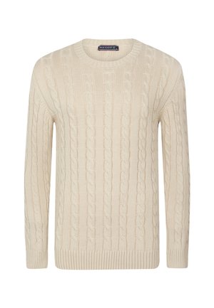 Suéter de punto trenzado en color crema que presenta mangas largas, un cuello redondo y puños y dobladillo acanalados, elaborado con un material de punto suave.