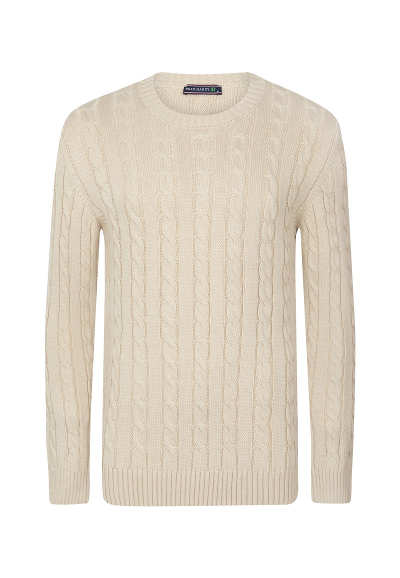 Cremfarbener Kabelstrickpullover mit langen Ärmeln, Rundhalsausschnitt und gerippten Bündchen sowie Saum, aus einem weichen Strickmaterial hergestellt.