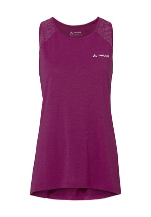 Ärmelloses lila Sporttanktop mit gemusterten Schulterpaneelen und weißem Vaude-Logo auf der linken Brust.