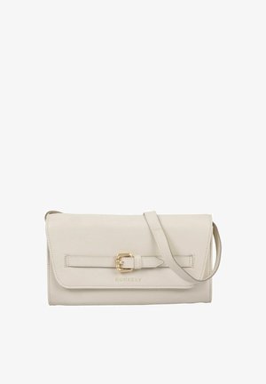 Beige leather shoulder bag with a front buckle strap and gold "BURKELY" logo, featuring a slim adjustable shoulder strap.