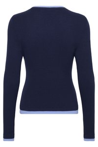 Navy ribbed sweater with long sleeves, featuring light blue accents at the neckline and hem. Slim-fit design, textured fabric.