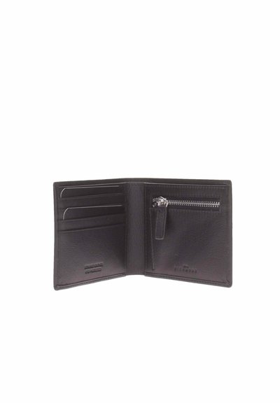 Portafoglio in pelle nera con tasca con cerniera, diversi scomparti per carte e una texture liscia. Design aperto che mostra il layout interno.