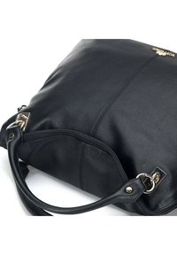 Black leather handbag with a textured surface, top zip closure, and gold-tone hardware accents. Features a double handle for carrying.