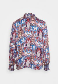 Blusa stampata con colletto alto, caratterizzata da vivaci motivi floreali e paisley in blu, rosso e beige. Maniche lunghe con polsini arricciati.