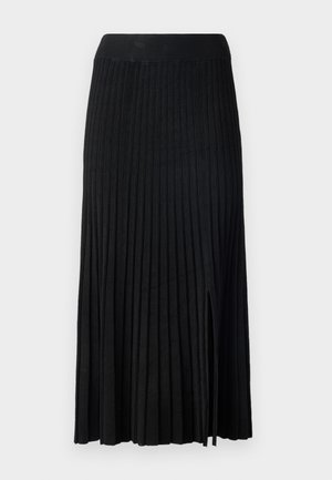 Čierna plisovaná midi sukňa s ribbovaným pásom, s textúrovanou látkou, bočným rozparkom a vertikálnymi pruhmi v celom dizajne.