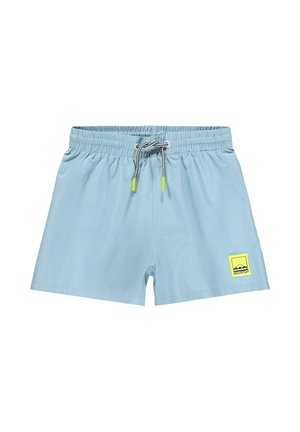 Shorts de bain bleu clair avec une ceinture élastique, un cordon de serrage réglable aux embouts jaunes, et un petit patch logo vert.