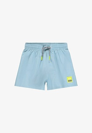 Pantaloncini da bagno azzurri con vita elastica, coulisse regolabile con punte gialle e una piccola toppa con logo verde.