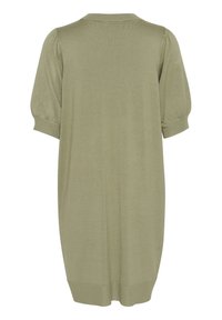 Abito lavorato a maglia verde oliva con maniche corte a palloncino, scollatura rotonda e silhouette rilassata. Presenta polsini e orlo a costine.