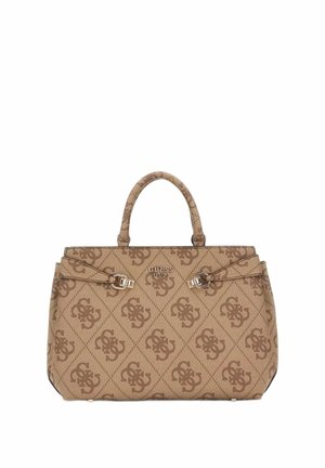 Sac à main beige de la marque Guess avec motif monogramme, double poignée supérieure et boucles argentées sur les brides avant.