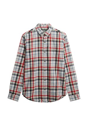 Overhemd met lange mouwen, knoopsluiting, en ruitpatroon in rood, wit, blauw en geel, met één borstzak.