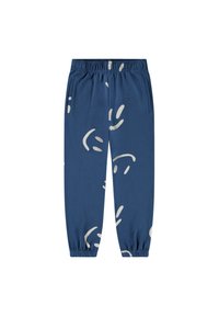 Blauwe katoenen joggingbroeken met elastische tailleband, voorzien van abstracte witte smiley-ontwerpen en zijzakken. Elastische boorden bij de enkels.