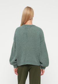 Maglione intrecciato in morbido verde tenue, con una vestibilità rilassata, spalle scese e polsini a costine. Superficie testurizzata e scollatura a girocollo.