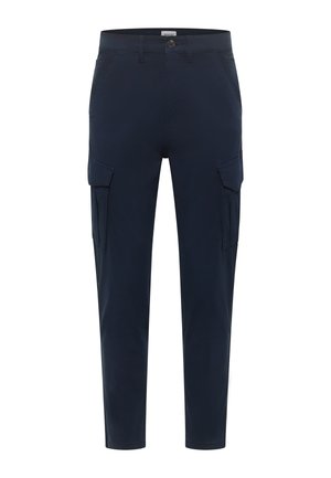 Marineblaue Cargohose mit Knopf- und Reißverschluss vorne, seitlichen Klappentaschen und schrägen Vordertaschen.