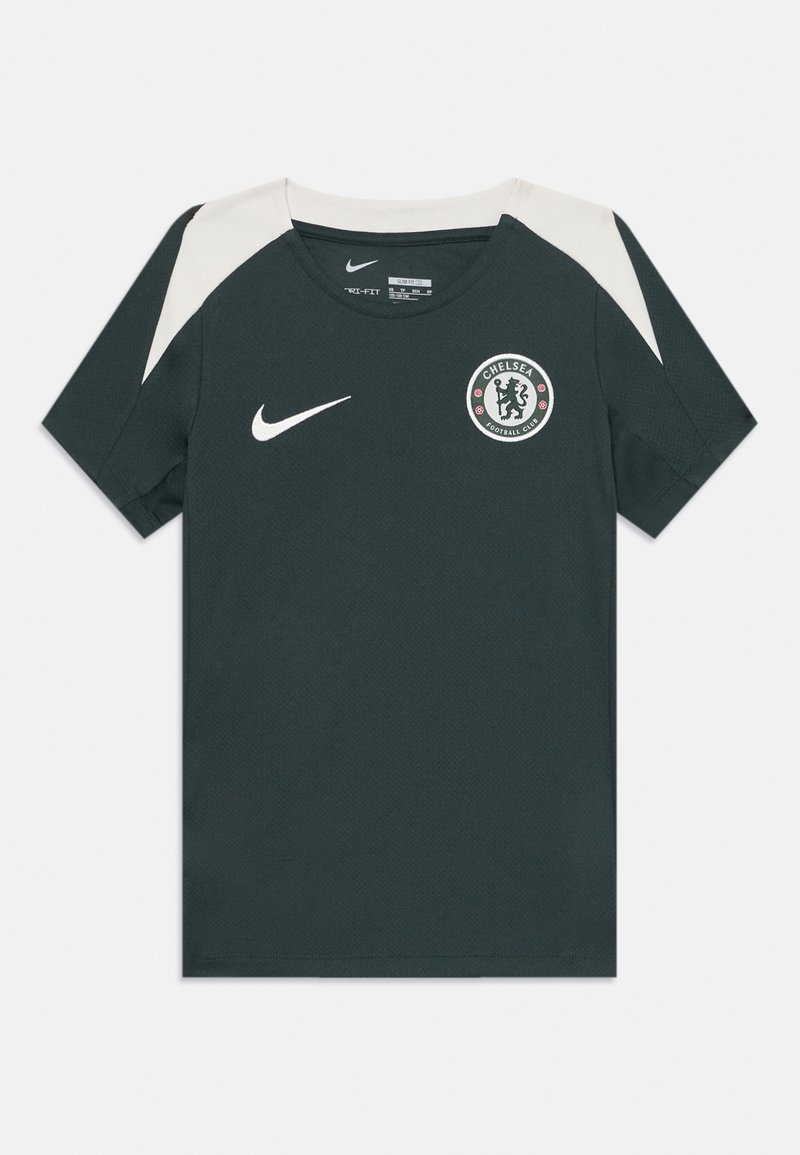 Dark green football jersey with short sleeves, white accents on the shoulders, and Chelsea FC logo on the left chest. Made from breathable material.