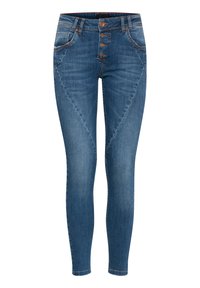 Jean skinny en denim bleu, doté d'une taille haute, d'une fermeture à cinq boutons sur le devant et de poches avant angulaires avec des détails de couture subtils.