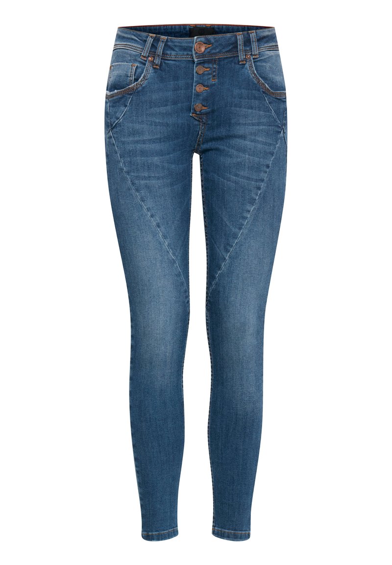 Jean skinny en denim bleu, doté d'une taille haute, d'une fermeture à cinq boutons sur le devant et de poches avant angulaires avec des détails de couture subtils.
