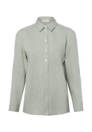 Lichtgroen overhemd met lange mouwen, knopen, kraag en een borstzakje aan de linkerkant, gemaakt van een gestructureerde stof, tentoongesteld op een witte achtergrond.