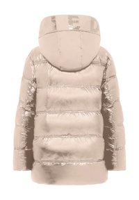 Błyszcząca beżowa kurtka puchowa z poziomym pikowaniem i kapturem, pokazana z tyłu, z częściowym tekstem na krawędzi kaptura.