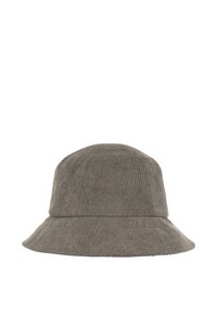 Gray corduroy bucket hat with a wide brim, featuring vertical ribbed texture and a structured crown.