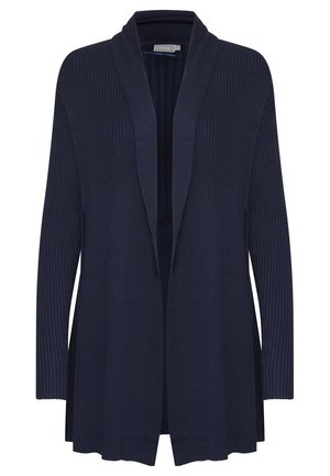 Navy cardigan made of ribbed fabric. Open front design with long sleeves and no fastenings. Soft texture with a relaxed fit.