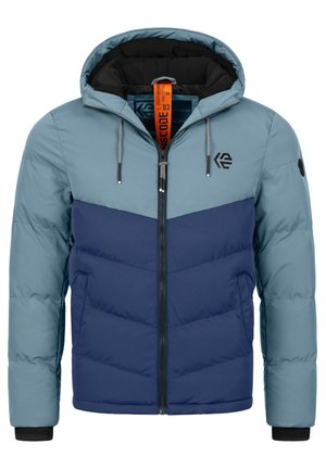 Kurtka ocieplana z jasnoniebieską górą i ciemnoniebieskim dołem, kontrastowe kolory, pełny zamek błyskawiczny oraz regulowany kaptur z sznurkami do ściągania.