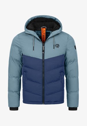 Gepolsterte Jacke mit einem hellblauen oberen Abschnitt und einem dunkelblauen unteren Abschnitt, kontrastierenden Farben, durchgehendem Reißverschluss und verstellbarem Kapuzen mit Zugbändern.