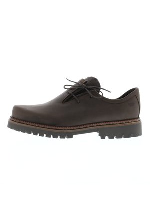 Braune Lederschuhe mit glatter Oberfläche, runder Zehenpartie und Schnürdesign. Verfügt über eine strukturierten Sohle und dekorative Nähte entlang der Kante.